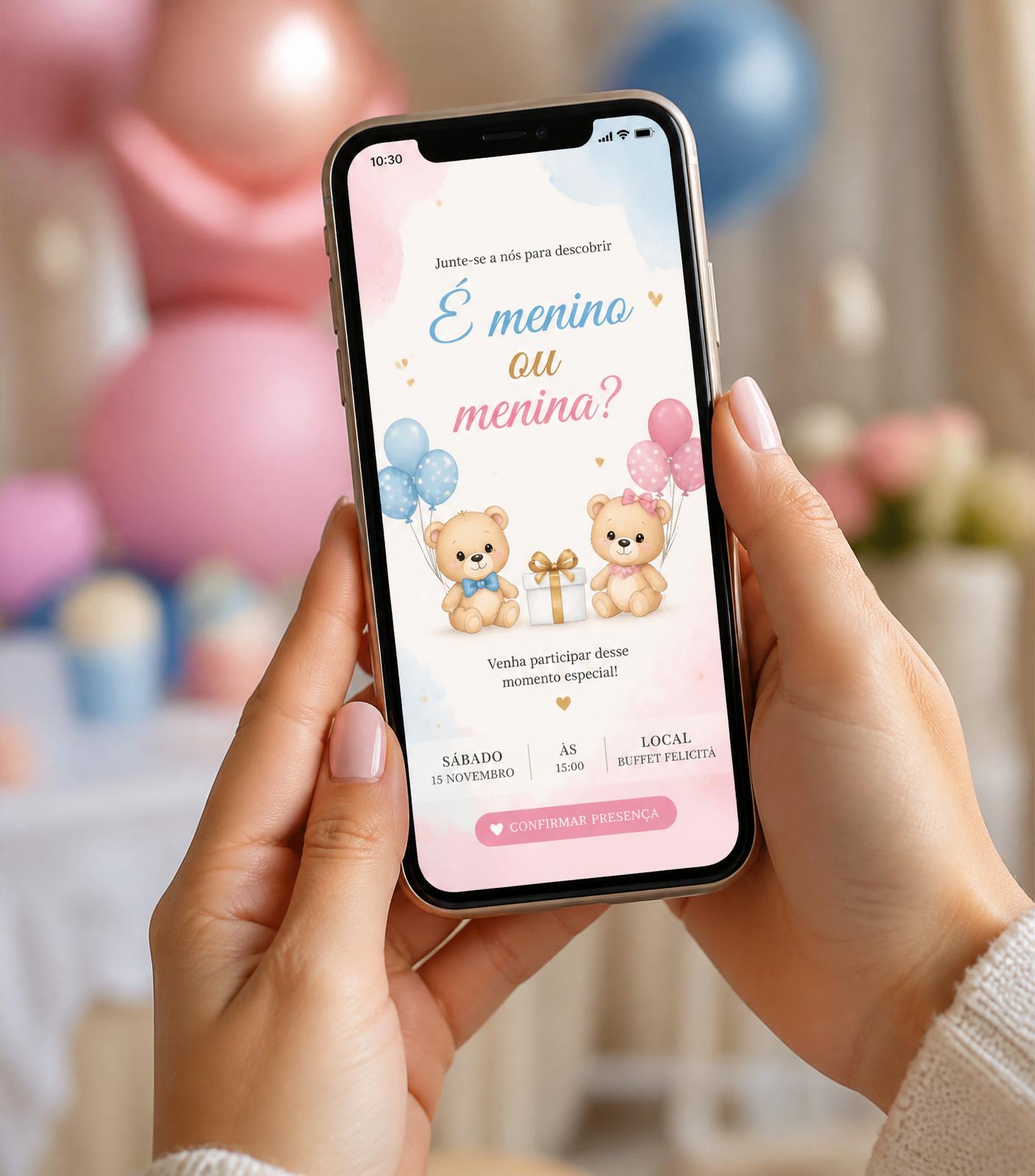 Convite digital do Revelê aberto em um smartphone