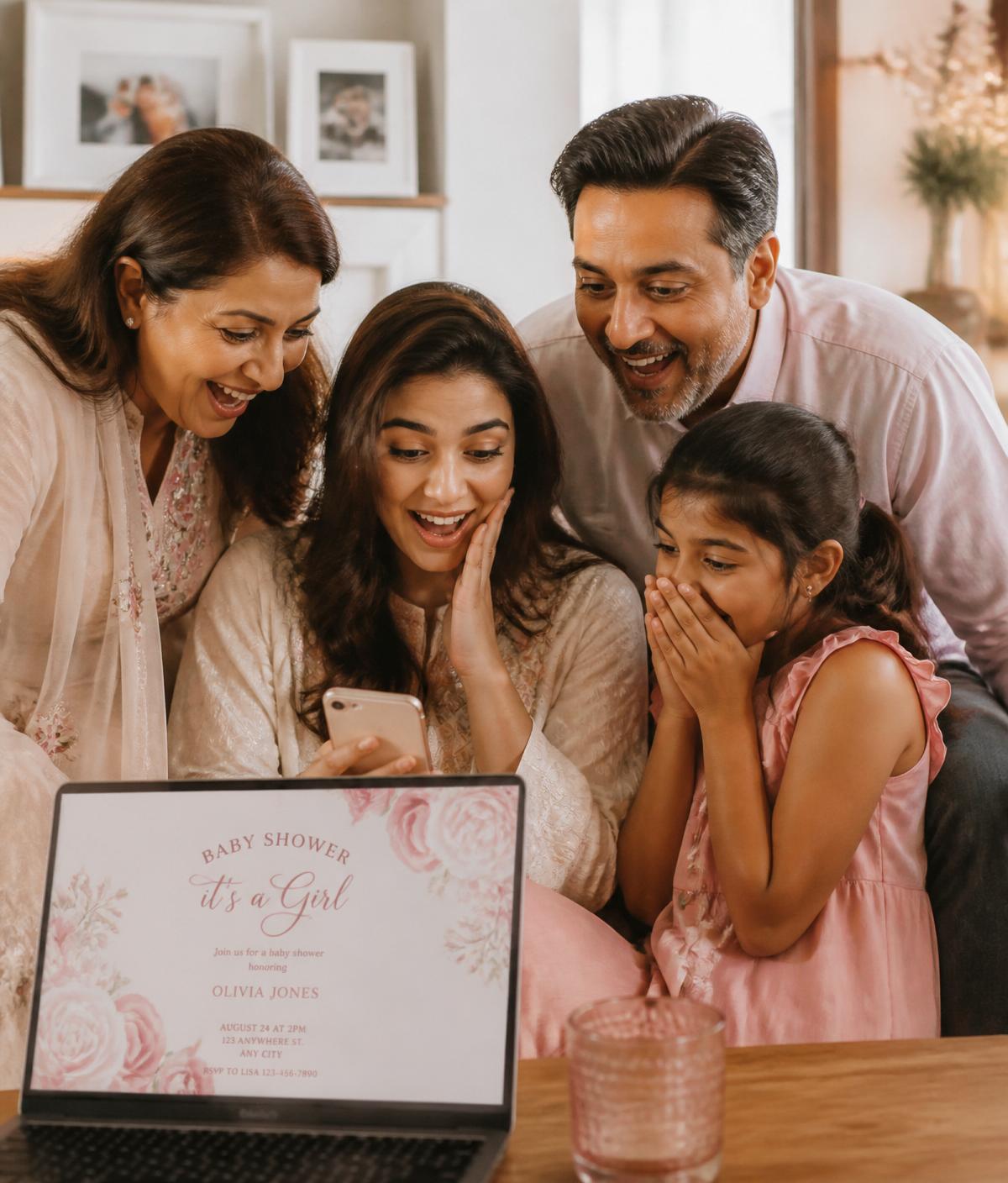 Família olhando o convite digital juntos